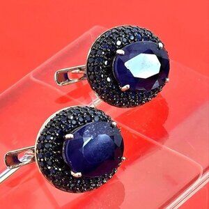 925 Sterling Silver Earrings with Natural Oval Sapphire Gemstone.